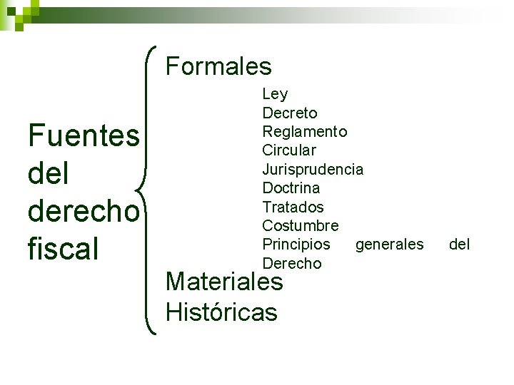 Formales Fuentes del derecho fiscal Ley Decreto Reglamento Circular Jurisprudencia Doctrina Tratados Costumbre Principios