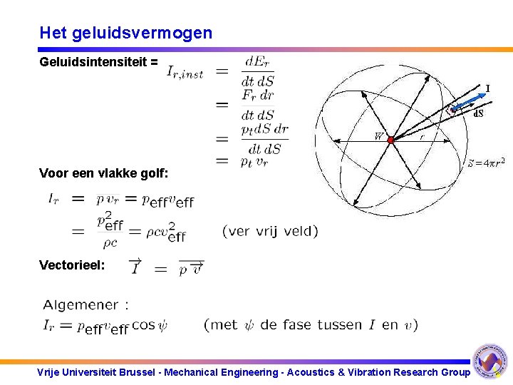 Het geluidsvermogen Geluidsintensiteit = Voor een vlakke golf: Vectorieel: Vrije Universiteit Brussel - Mechanical