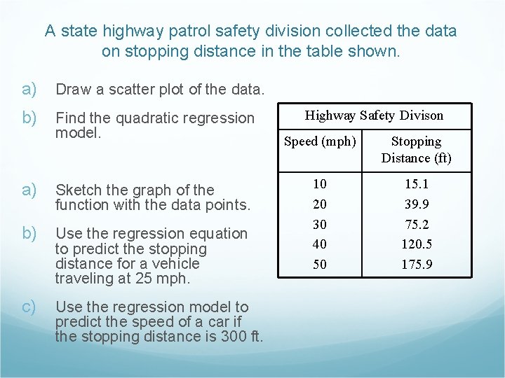 A state highway patrol safety division collected the data on stopping distance in the