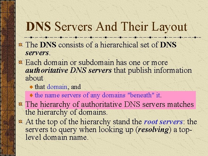 DNS Servers And Their Layout The DNS consists of a hierarchical set of DNS