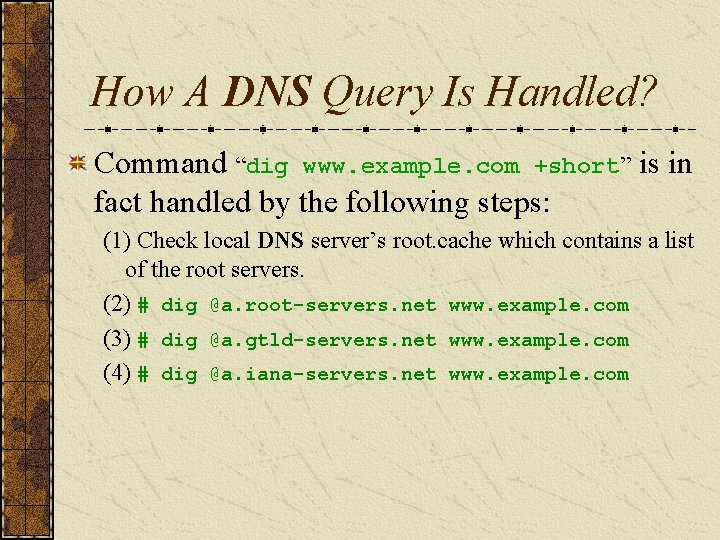 How A DNS Query Is Handled? Command “dig www. example. com +short” is in