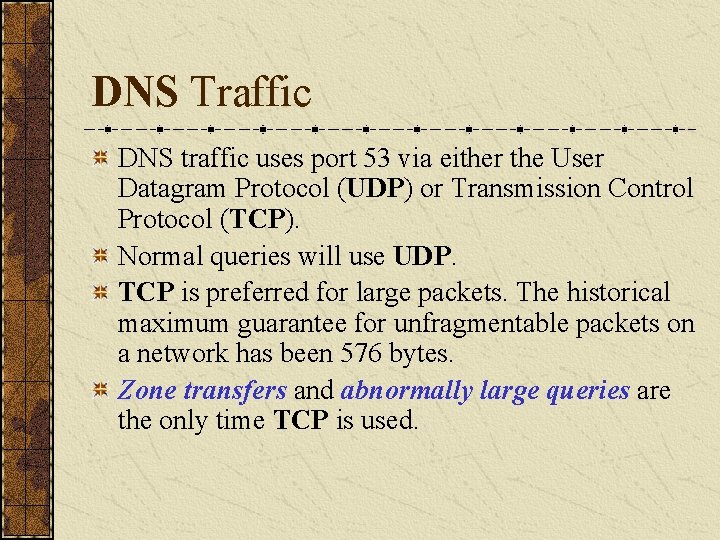 DNS Traffic DNS traffic uses port 53 via either the User Datagram Protocol (UDP)