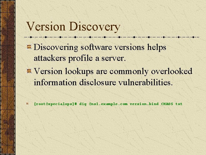 Version Discovery Discovering software versions helps attackers profile a server. Version lookups are commonly
