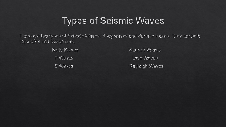 Types of Seismic Waves There are two types of Seismic Waves: Body waves and