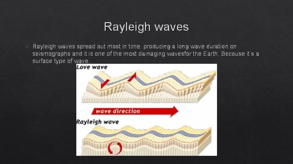 Rayleigh waves spread out most in time, producing a long wave duration on seismographs