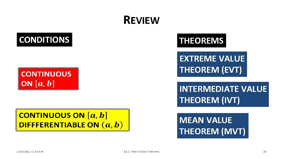 REVIEW CONDITIONS THEOREMS EXTREME VALUE THEOREM (EVT) INTERMEDIATE VALUE THEOREM (IVT) MEAN VALUE THEOREM REVIEW CONDITIONS THEOREMS EXTREME VALUE THEOREM (EVT) INTERMEDIATE VALUE THEOREM (IVT) MEAN VALUE THEOREM