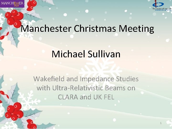 Manchester Christmas Meeting Michael Sullivan Wakeﬁeld and Impedance Studies with Ultra-Relativistic Beams on CLARA