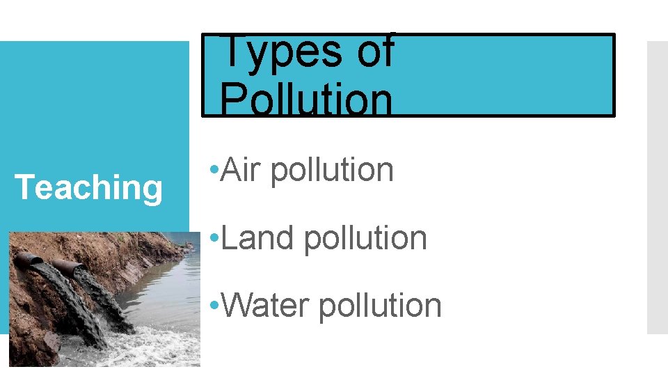 Types of Pollution Teaching • Air pollution • Land pollution • Water pollution 