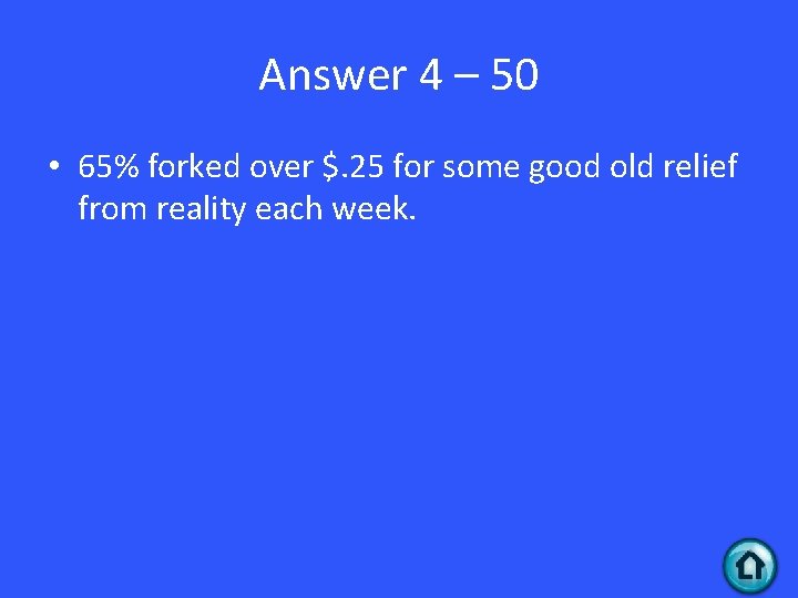 Answer 4 – 50 • 65% forked over $. 25 for some good old