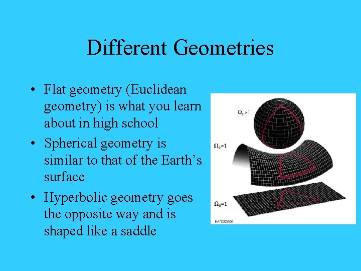 Different Geometries • Flat geometry (Euclidean geometry) is what you learn about in high