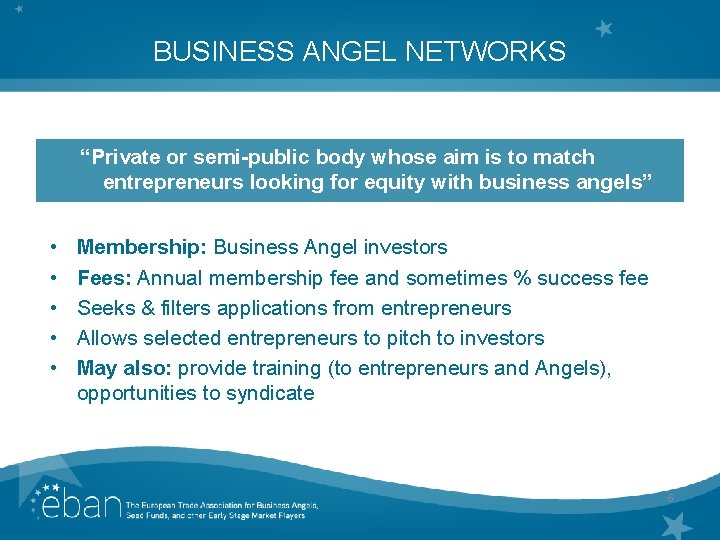 BUSINESS ANGEL NETWORKS “Private or semi-public body whose aim is to match entrepreneurs looking