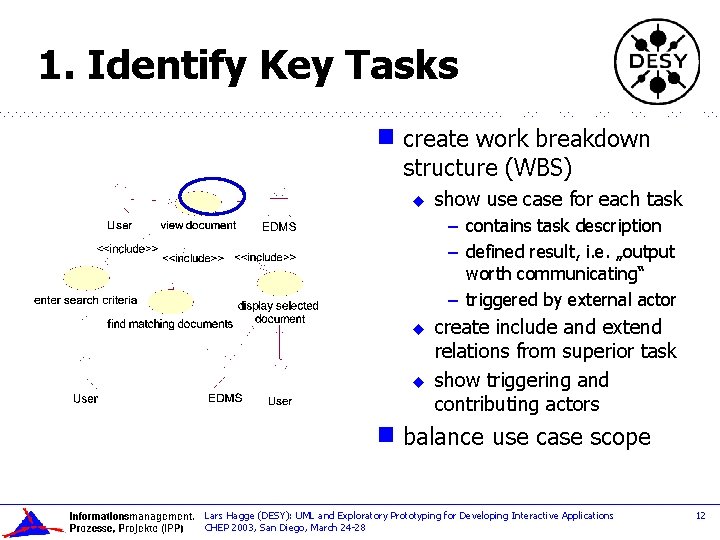 1. Identify Key Tasks g create work breakdown structure (WBS) u show use case