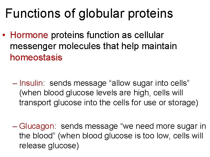 Functions of globular proteins • Hormone proteins function as cellular messenger molecules that help