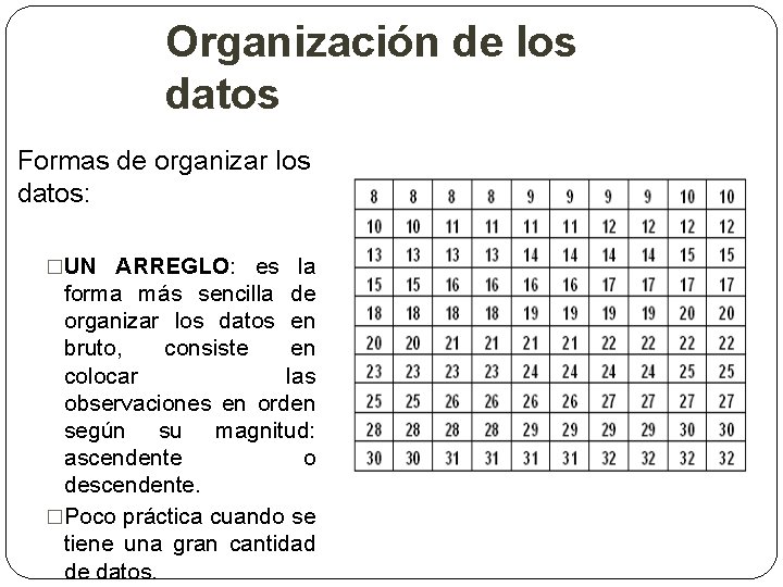 Organización de los datos Formas de organizar los datos: �UN ARREGLO: es la forma