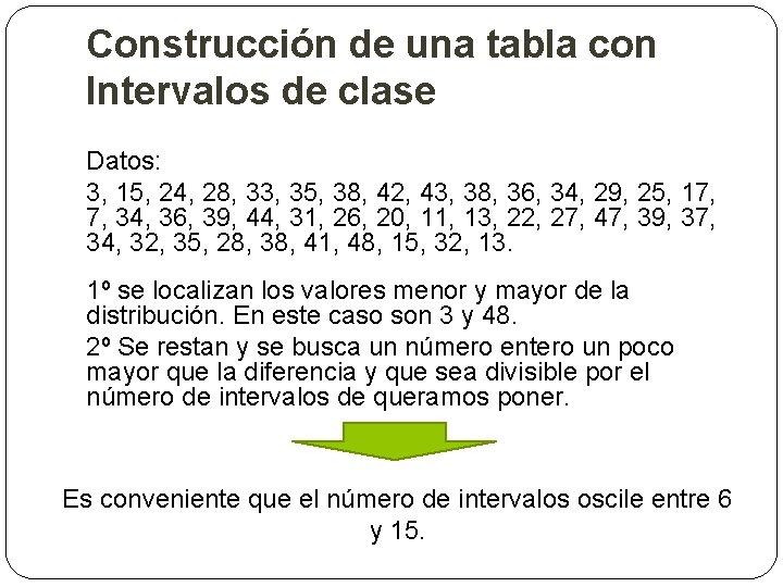 Construcción de una tabla con Intervalos de clase Datos: 3, 15, 24, 28, 33,