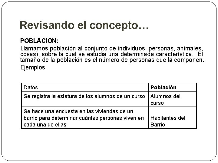 Revisando el concepto… POBLACION: Llamamos población al conjunto de individuos, personas, animales, cosas), sobre