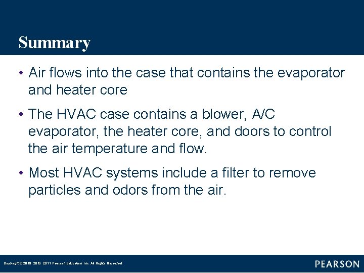 Summary • Air flows into the case that contains the evaporator and heater core