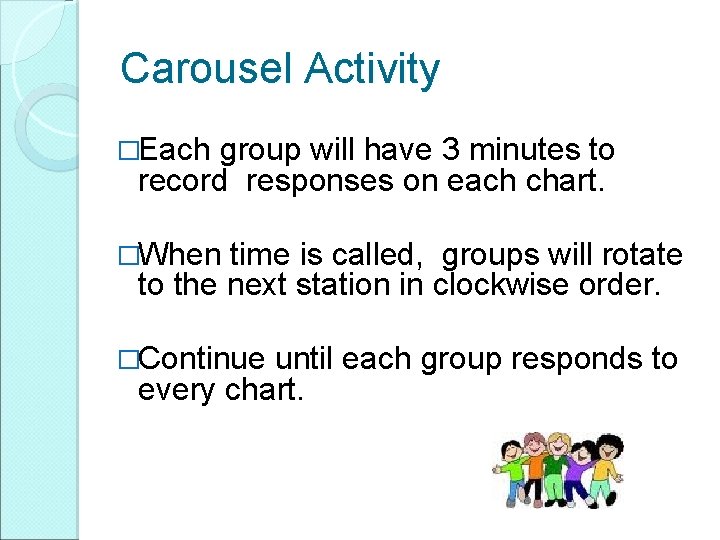 Carousel Activity �Each group will have 3 minutes to record responses on each chart. Carousel Activity �Each group will have 3 minutes to record responses on each chart.