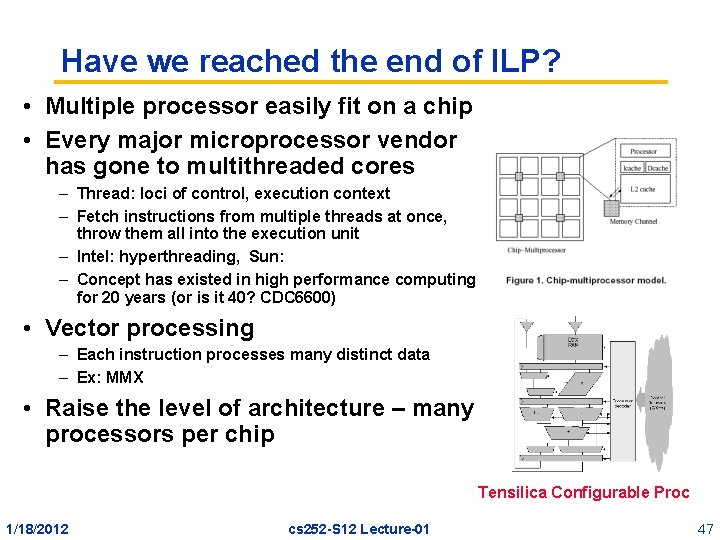 Have we reached the end of ILP? • Multiple processor easily fit on a