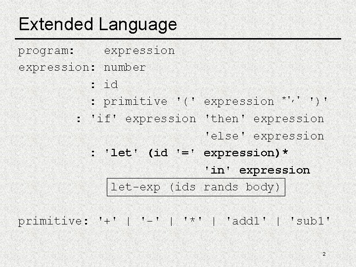Extended Language program: expression: number : id : primitive '(' expression *', ' ')'