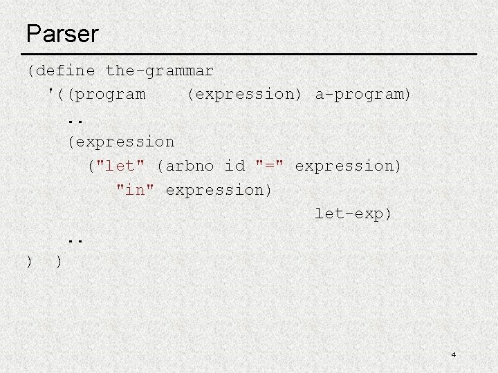 Parser (define the-grammar '((program (expression) a-program). . (expression ("let" (arbno id "=" expression) "in"