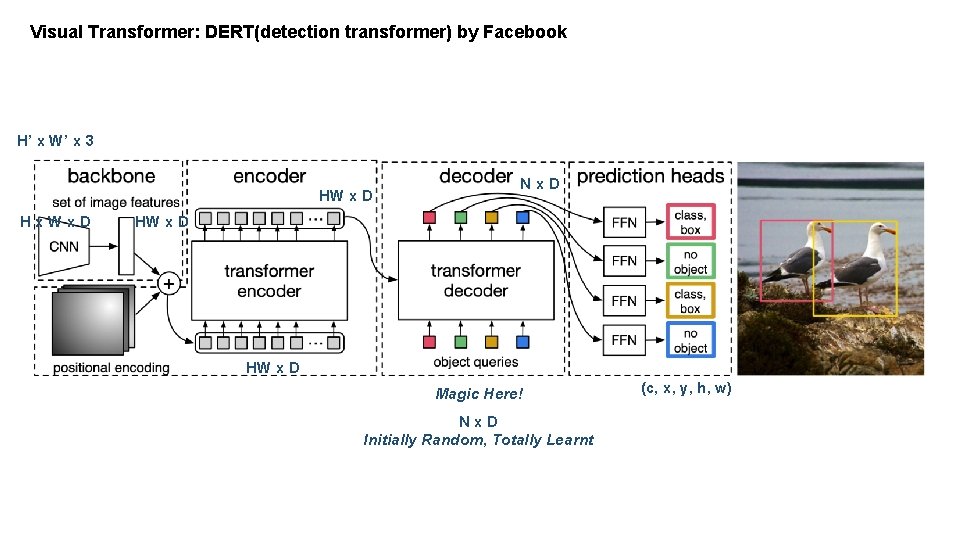 Visual Transformer: DERT(detection transformer) by Facebook H’ x W’ x 3 HW x D