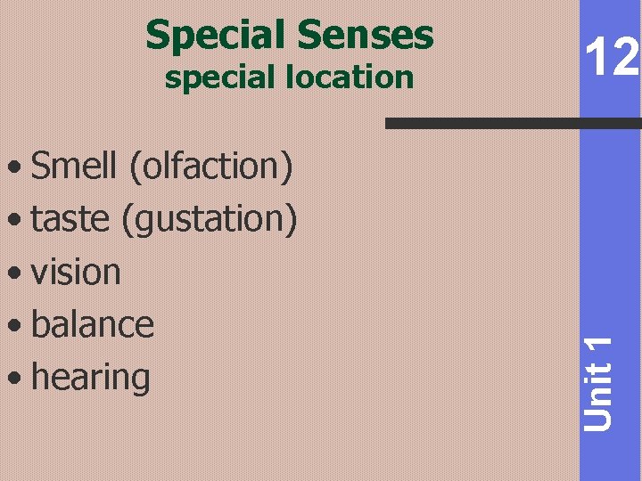 special location • Smell (olfaction) • taste (gustation) • vision • balance • hearing