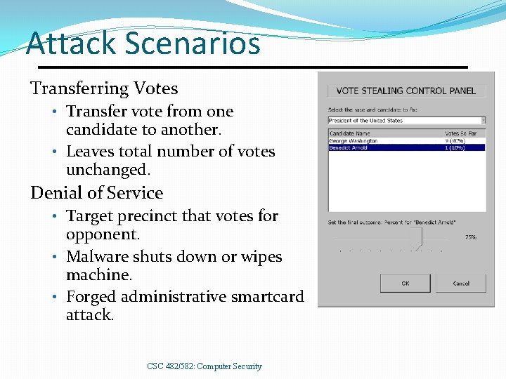 Attack Scenarios Transferring Votes • Transfer vote from one candidate to another. • Leaves