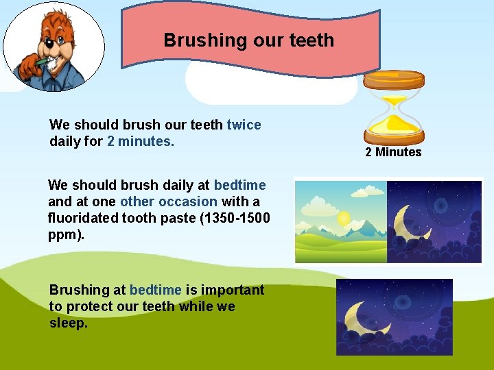 Brushing our teeth We should brush our teeth twice daily for 2 minutes. Brush