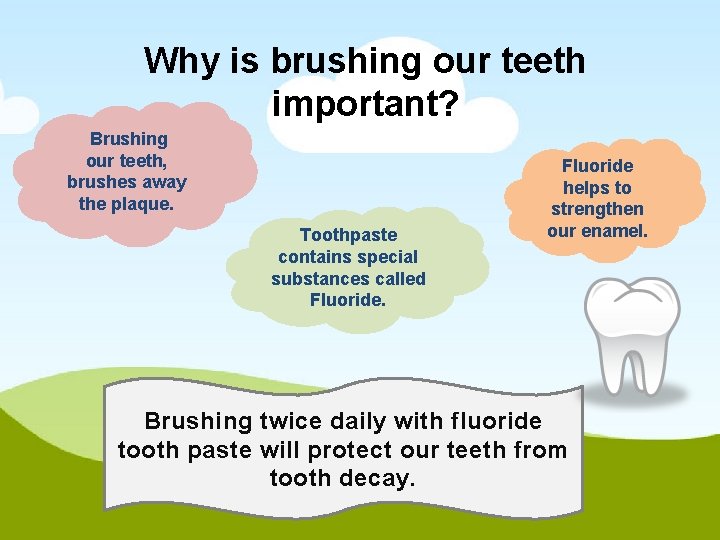 Why is brushing our teeth important? Brushing our teeth, brushes away the plaque. Toothpaste