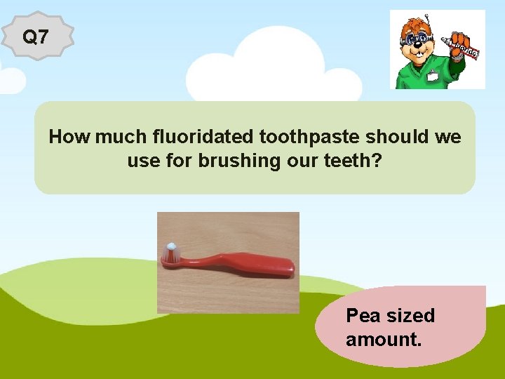 Q 7 How much fluoridated toothpaste should we use for brushing our teeth? Pea