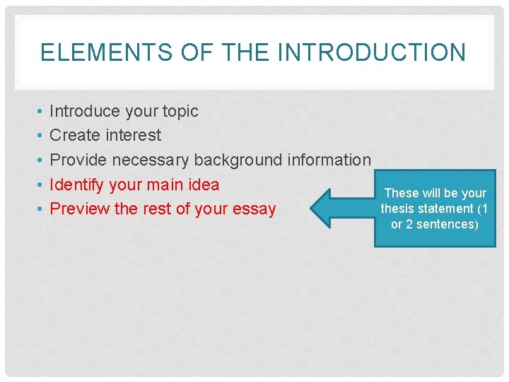 ELEMENTS OF THE INTRODUCTION • • • Introduce your topic Create interest Provide necessary
