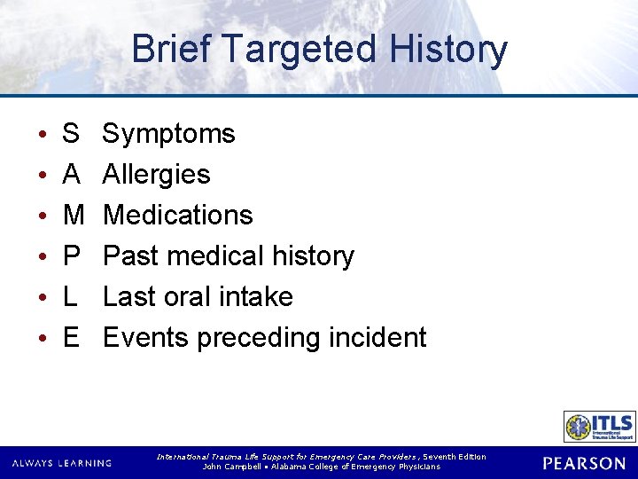 Brief Targeted History • • • S A M P L E Symptoms Allergies Brief Targeted History • • • S A M P L E Symptoms Allergies