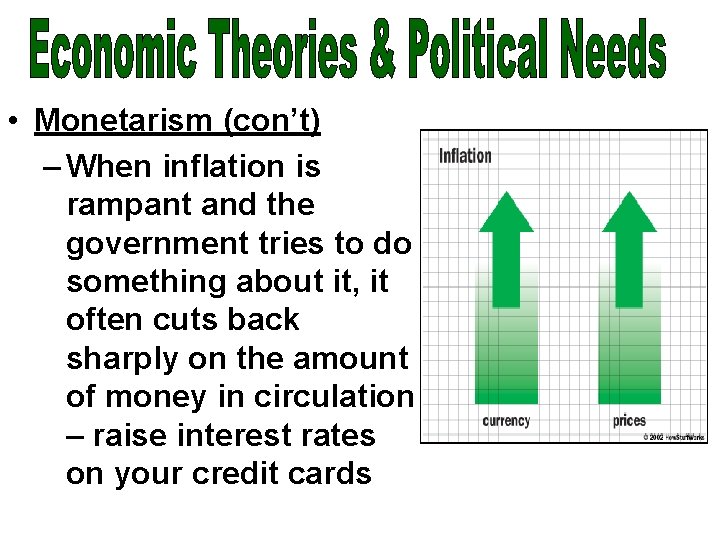  • Monetarism (con’t) – When inflation is rampant and the government tries to