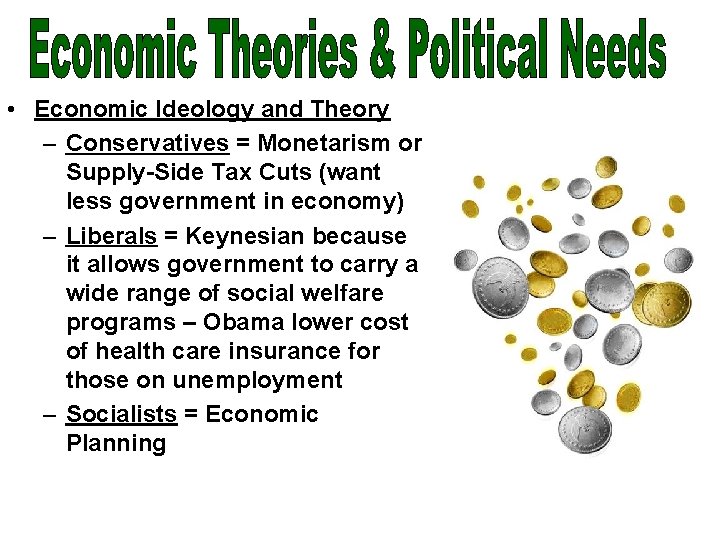  • Economic Ideology and Theory – Conservatives = Monetarism or Supply-Side Tax Cuts