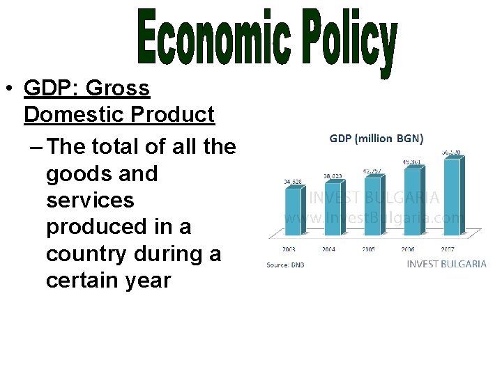  • GDP: Gross Domestic Product – The total of all the goods and