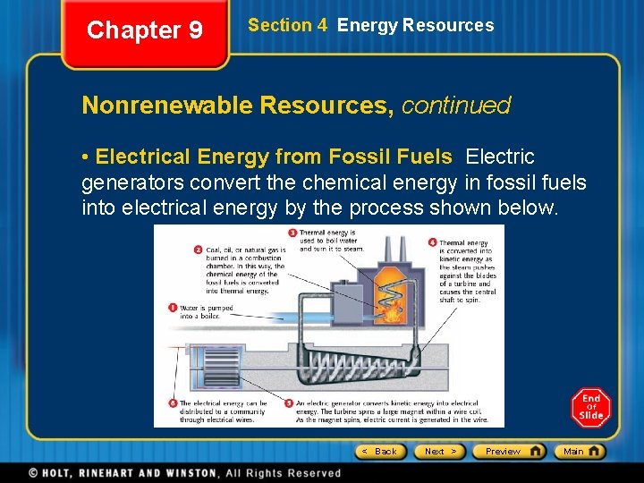 Chapter 9 Section 4 Energy Resources Nonrenewable Resources, continued • Electrical Energy from Fossil