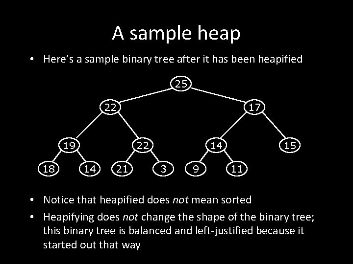 A sample heap • Here’s a sample binary tree after it has been heapified