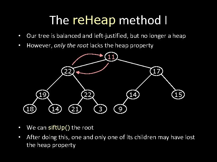 The re. Heap method I • Our tree is balanced and left-justified, but no