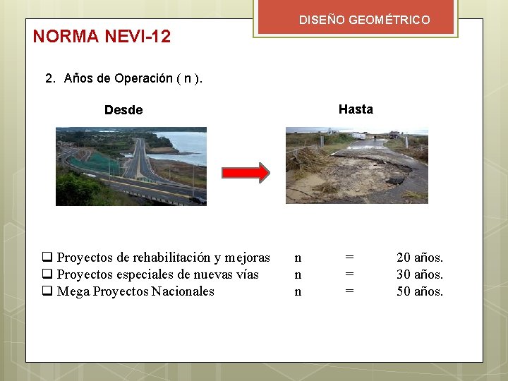 NORMA NEVI-12 DISEÑO GEOMÉTRICO 2. Años de Operación ( n ). Hasta Desde q