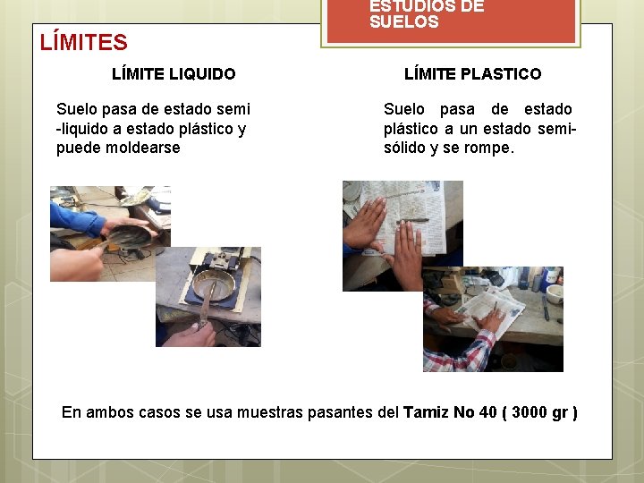 LÍMITES LÍMITE LIQUIDO Suelo pasa de estado semi -liquido a estado plástico y puede