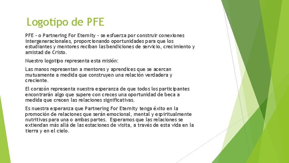 Logotipo de PFE – o Partnering For Eternity – se esfuerza por construir conexiones