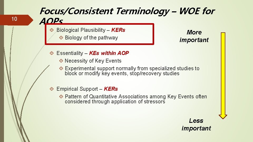 10 Focus/Consistent Terminology – WOE for AOPs Biological Plausibility – KERs Biology of the