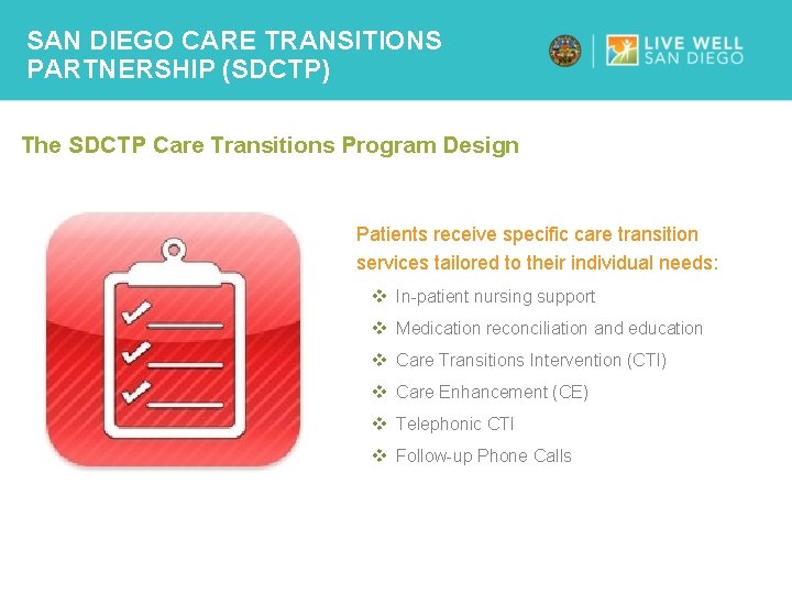 SAN DIEGO CARE TRANSITIONS PARTNERSHIP (SDCTP) The SDCTP Care Transitions Program Design Patients receive