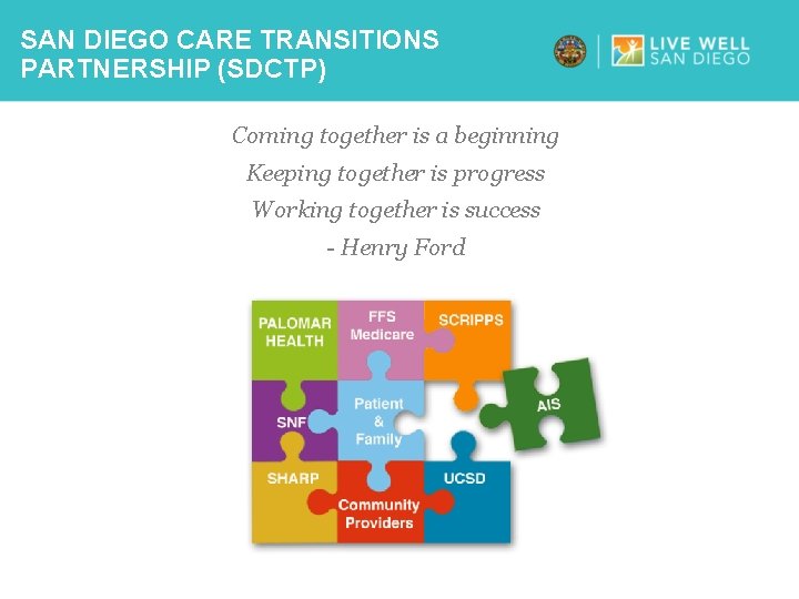 SAN DIEGO CARE TRANSITIONS PARTNERSHIP (SDCTP) Coming together is a beginning Keeping together is
