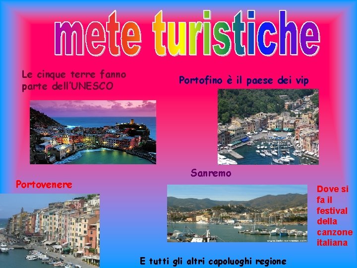 Le cinque terre fanno parte dell’UNESCO Portovenere Portofino è il paese dei vip Sanremo