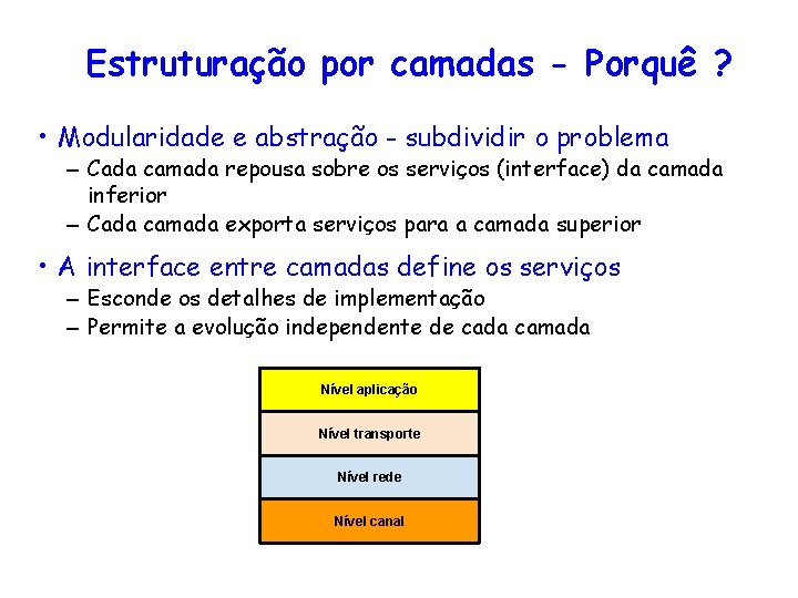 Estruturação por camadas - Porquê ? • Modularidade e abstração - subdividir o problema