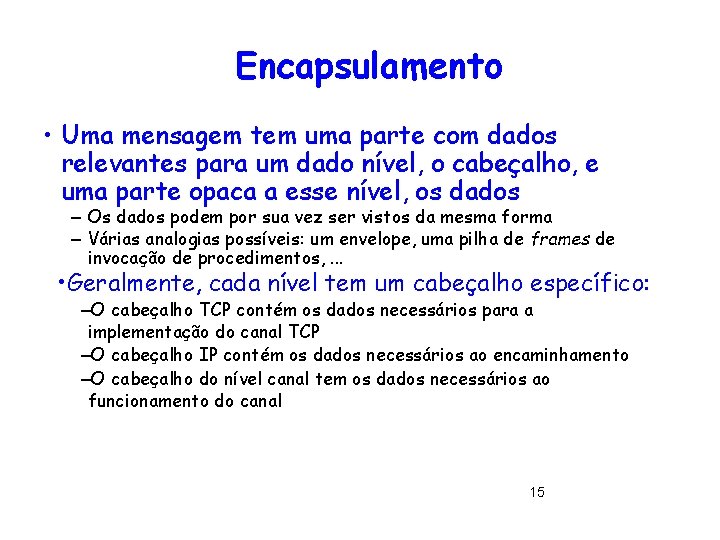 Encapsulamento • Uma mensagem tem uma parte com dados relevantes para um dado nível,