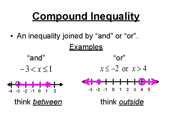 Compound Inequality • An inequality joined by “and” or “or”. Examples “and” “or” -4