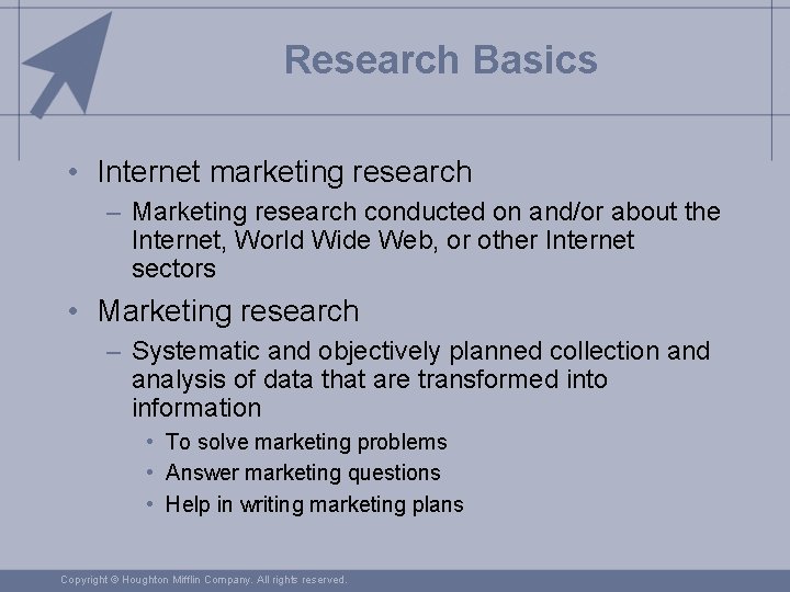 Research Basics • Internet marketing research – Marketing research conducted on and/or about the